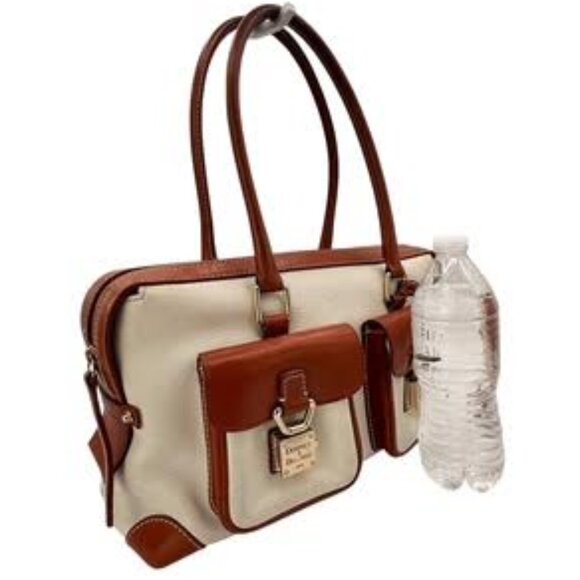 Dooney & Bourke Vintage  Pebbled Leather Satchel Tote | White Tan Trim Large Bag - Picture 3 of 14